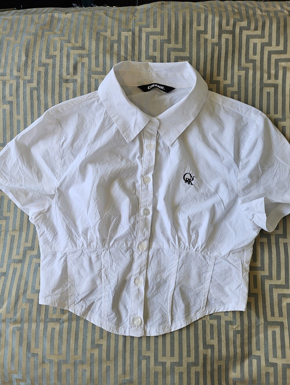 Cropped White Button-Front Shirt with Embroidered Logo